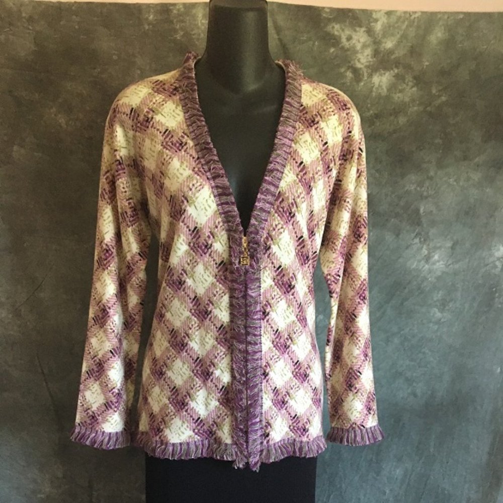 ST JOHN KNIT PURPLE IVORY GREEN JACKET L 10 12